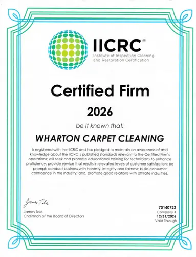 Official 2026 IICRC Certified Firm certificate for Wharton Carpet Cleaning in Phoenix, AZ.