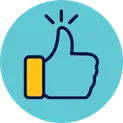 A teal circular icon featuring a navy blue thumbs-up with a yellow cuff and shining lines, representing a healthy and allergen-free home environment.