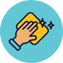 A teal circular icon showing a hand holding a cleaning sponge and actively removing deep-set dirt, leaving a fresh, vibrant shine on a surface in Phoenix, Arizona.