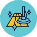 Line-art illustrative icon on a teal circle, showing a rotary tile cleaning tool deep cleaning a stylized yellow tile floor, with sparkles representing durable and long-lasting protection.
